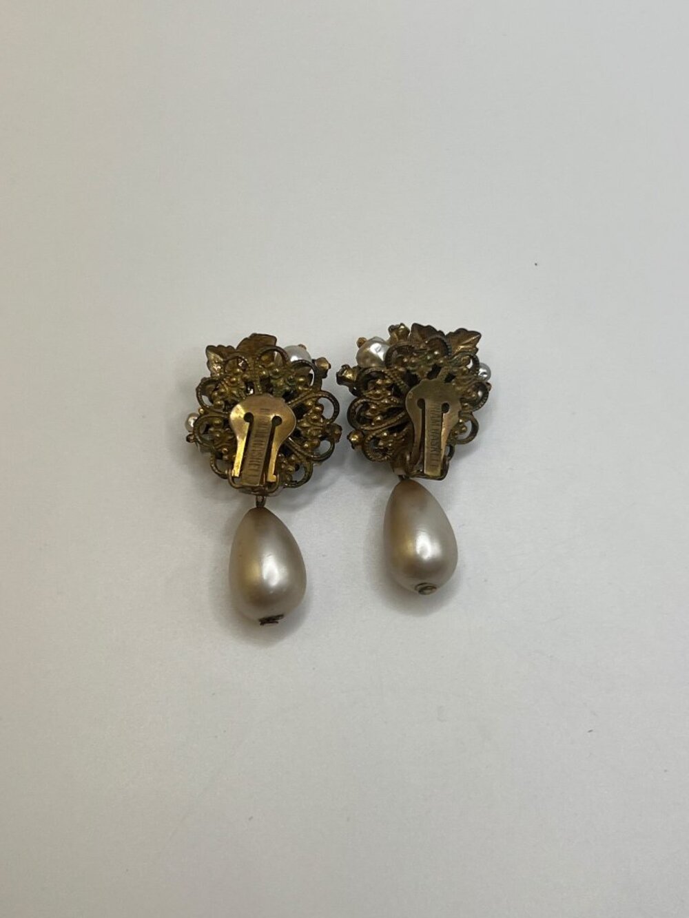 Vintage Signed Miriam Haskell Bridal Teardrop Pearl Rhinestone Clip-On Earrings